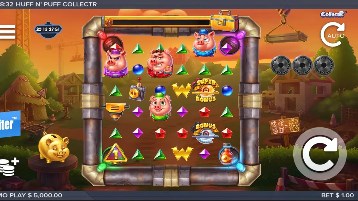 Tampilan visual slot Huff n Puff CollectR dengan babi konstruksi dan latar belakang pedesaan.