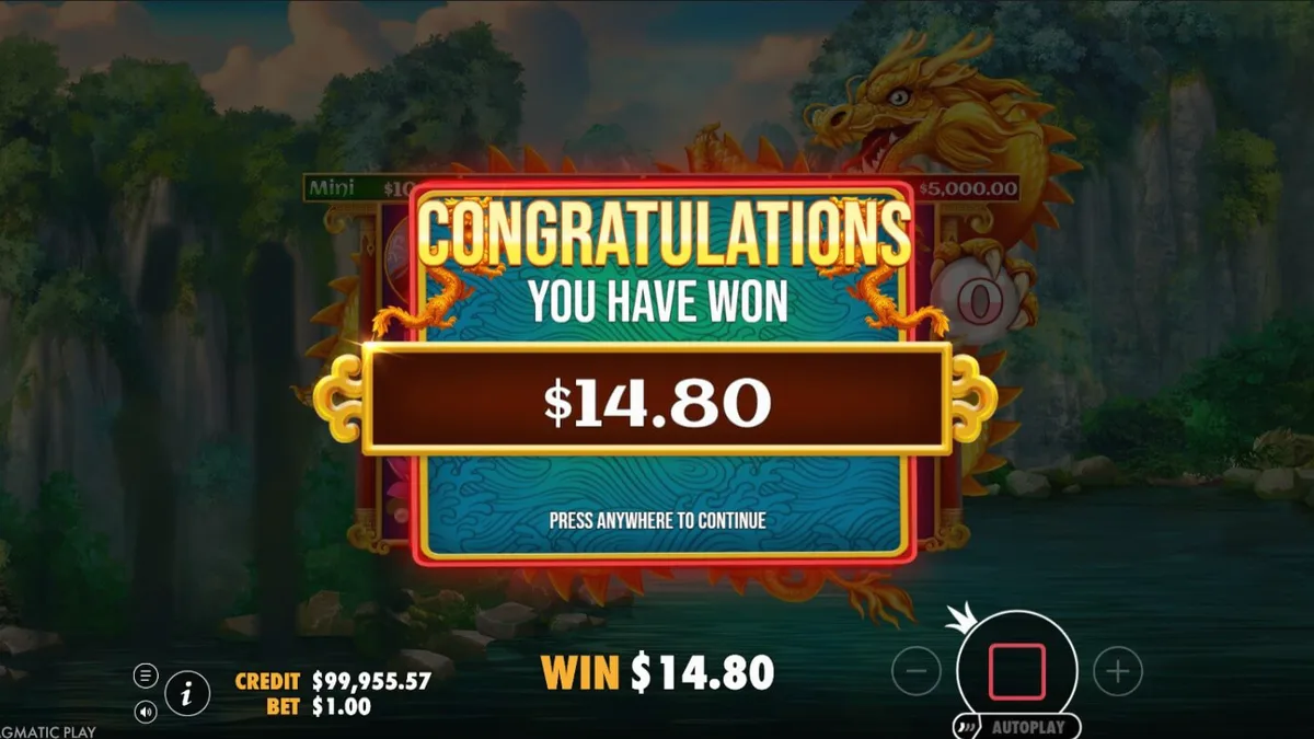 Tampilan visual slot Dragon’s Gate Bonus Choice dengan tema naga dan air terjun